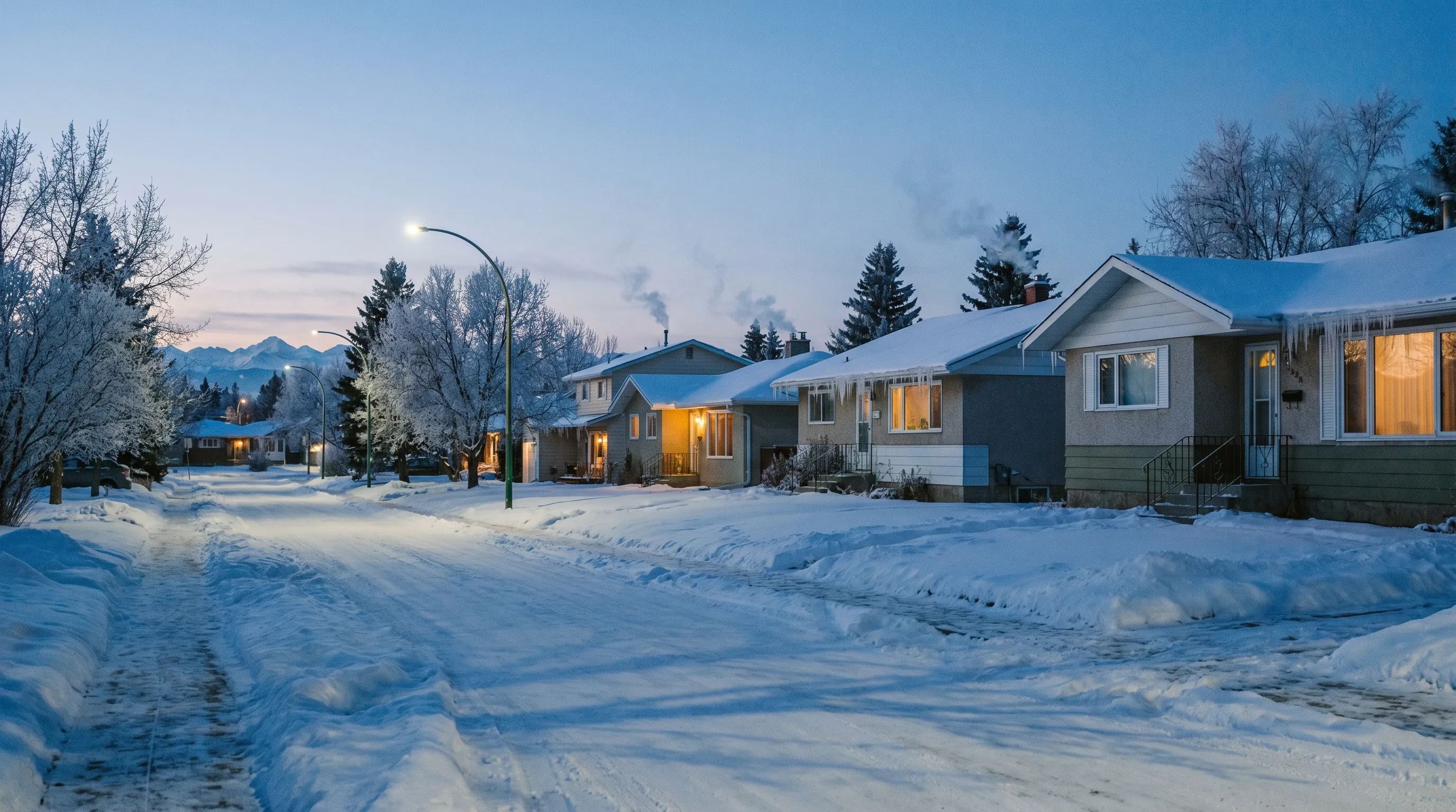 Older Calgary bungalows at winter blue hour, hoarfrost on the trees and snow on every roof