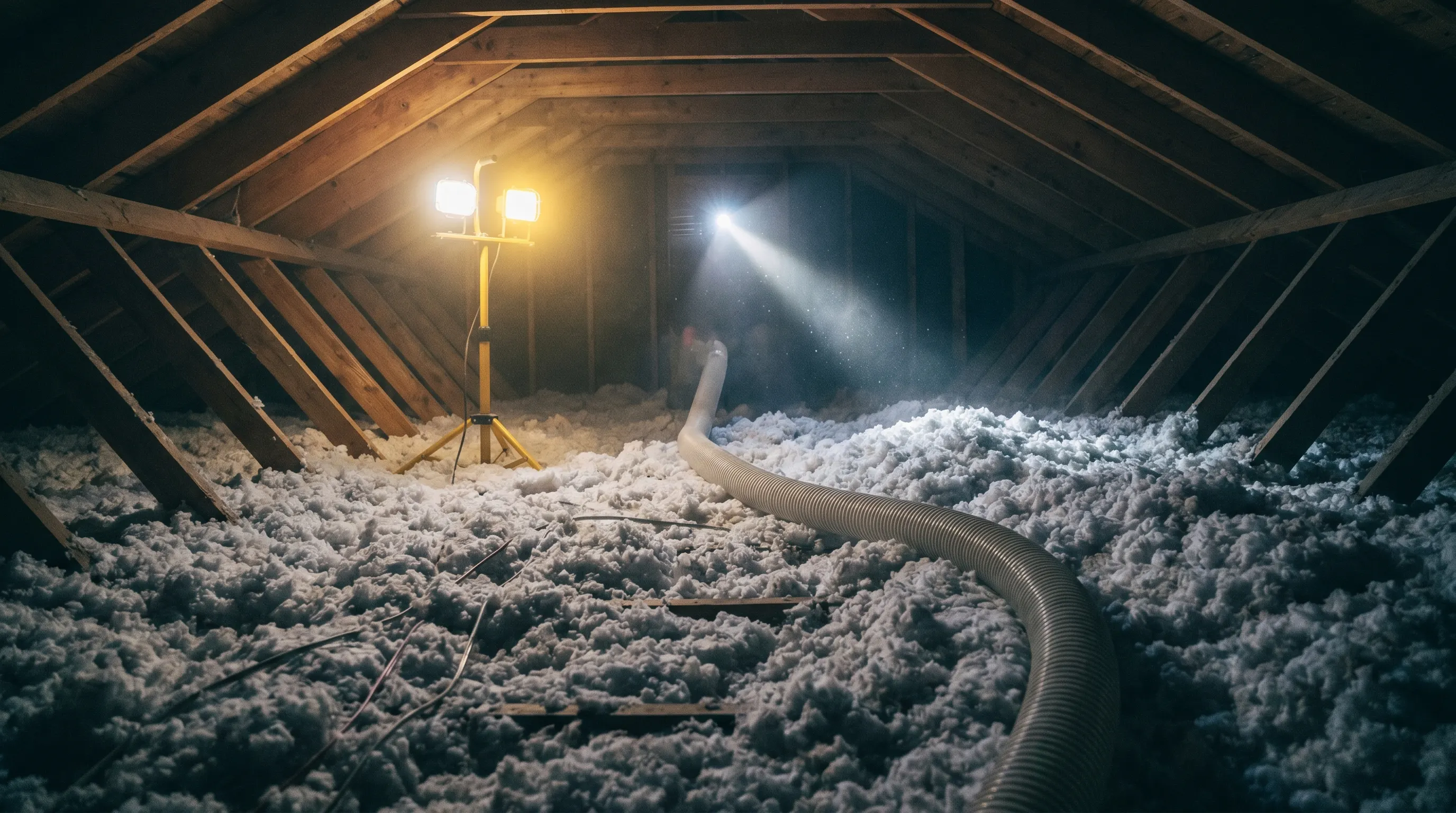 Fresh blown-in insulation filling an attic, work light glowing through the rafters