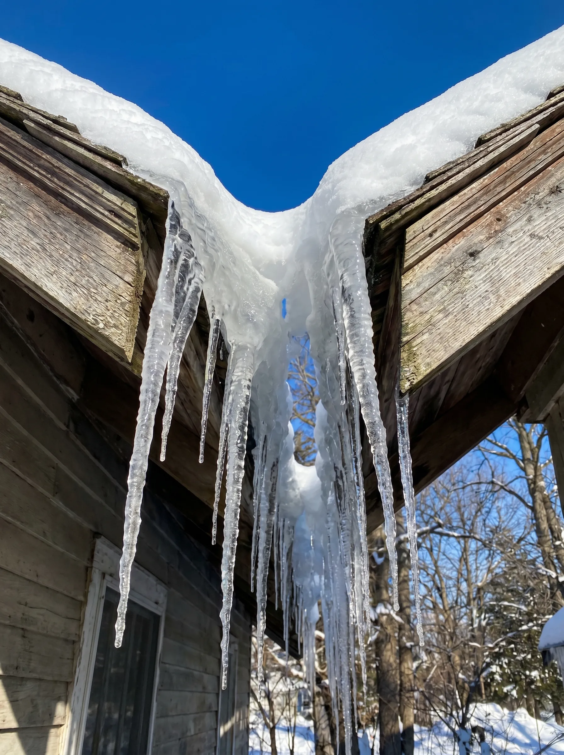 Heavy icicles and an ice dam on the eave of an older Calgary bungalow on a sunny chinook day