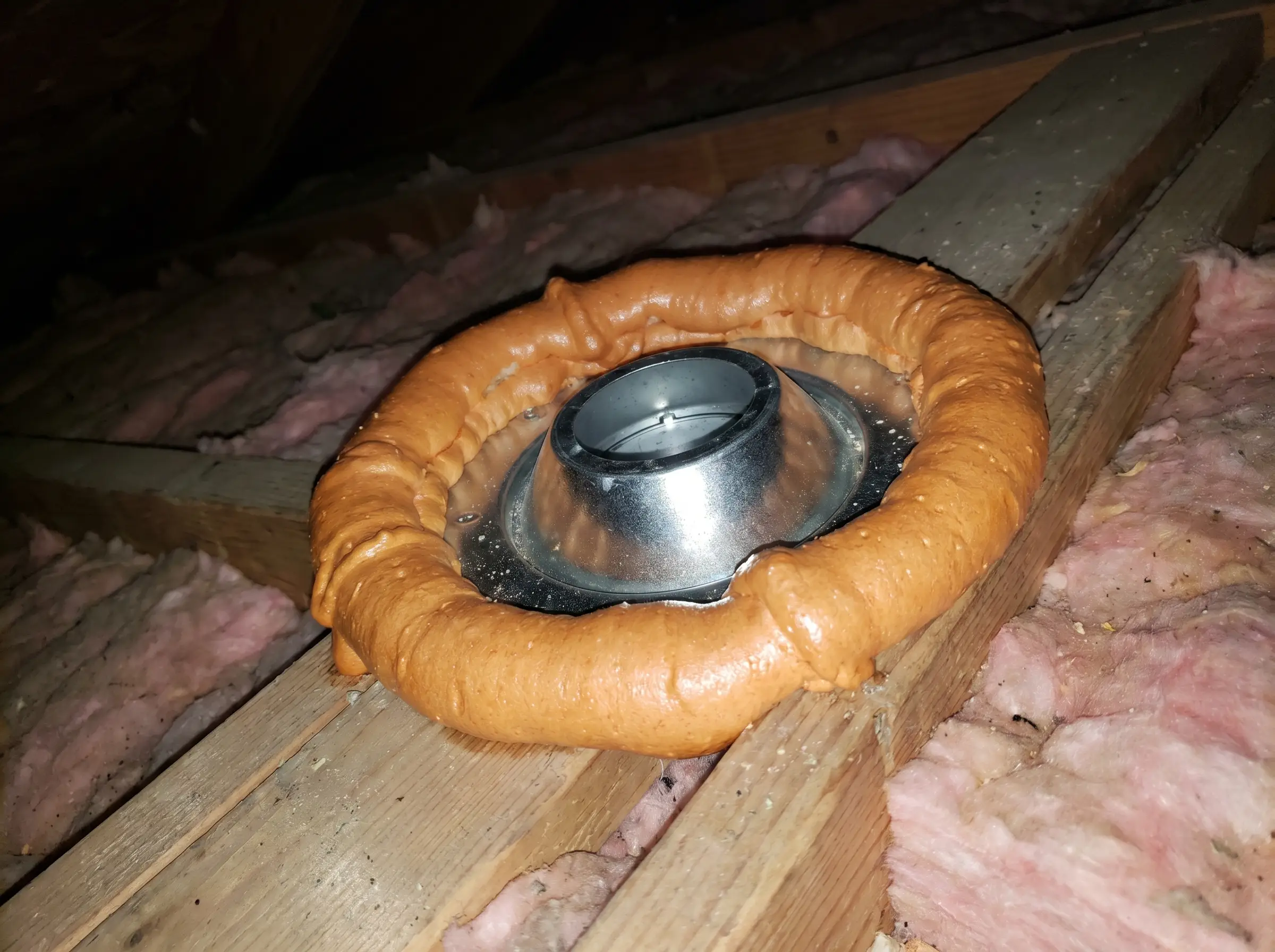 Raw photo: pot light housing neatly sealed with cured spray foam