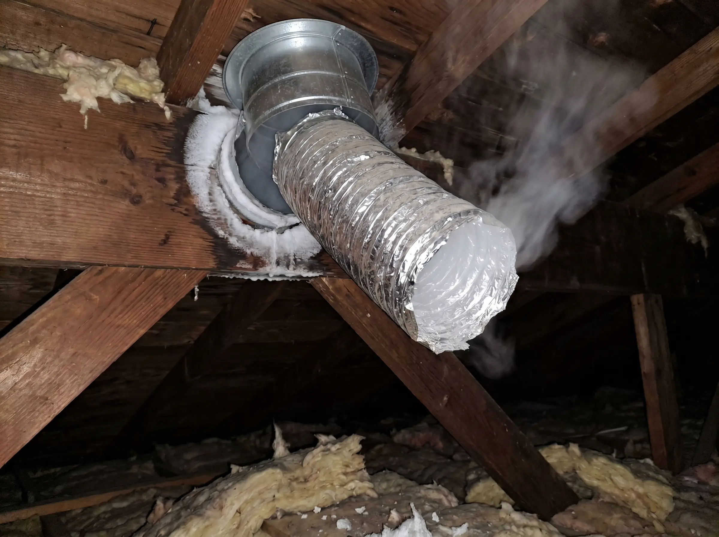 Raw photo: disconnected bath-fan duct blowing moist air into an attic