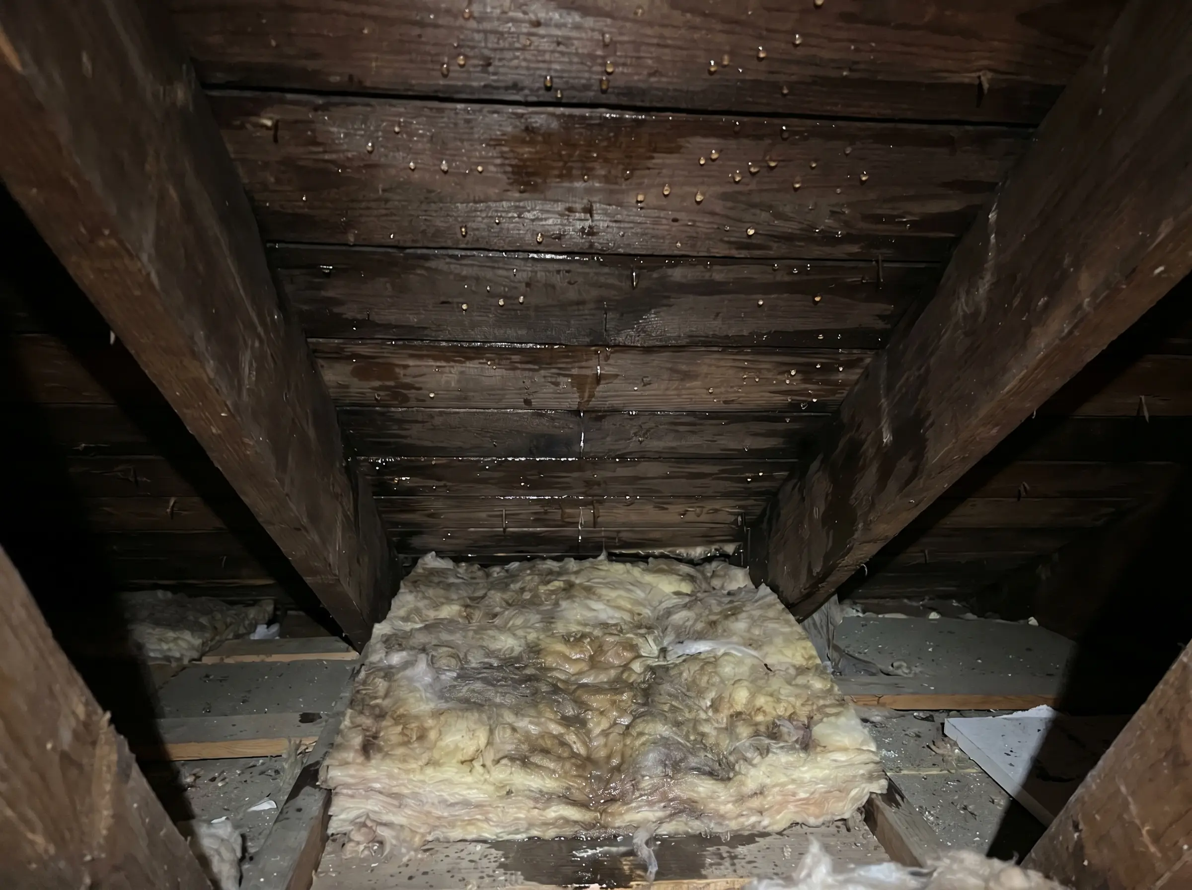 Raw photo: wet darkened sheathing with meltwater drips