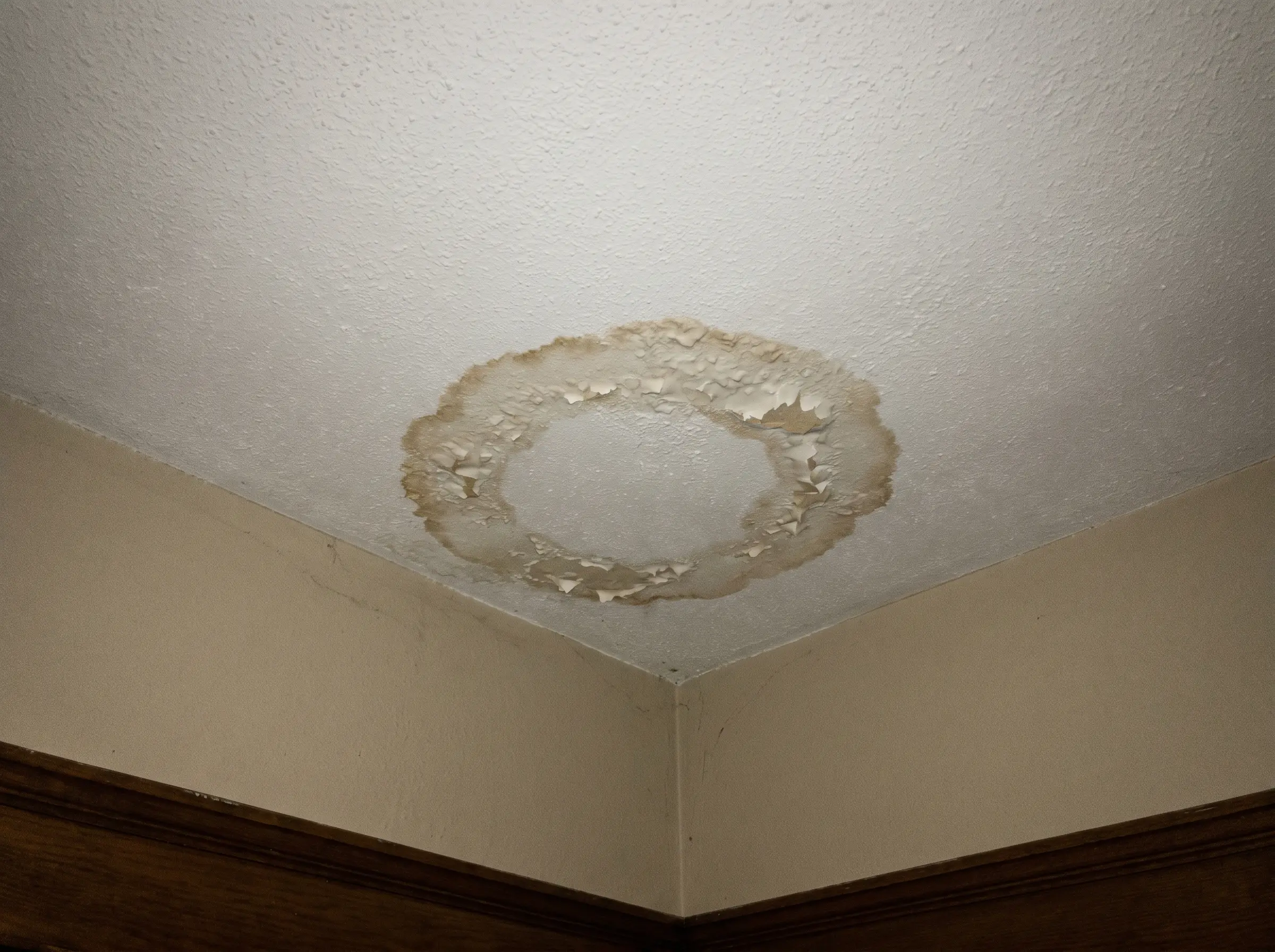 Raw photo: brown water ring stain on a bedroom ceiling