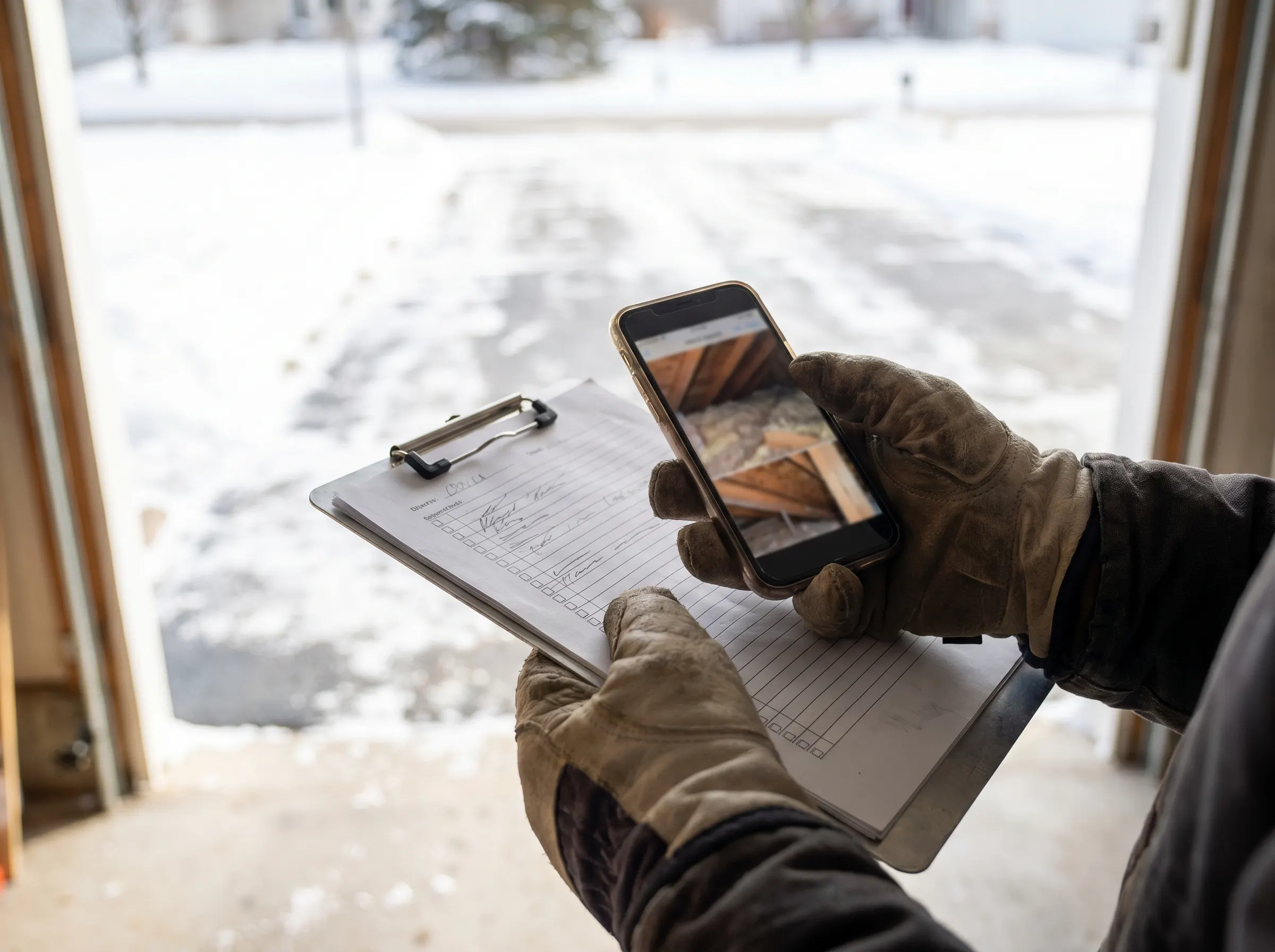 Inspection checklist on a clipboard with attic photos on a phone