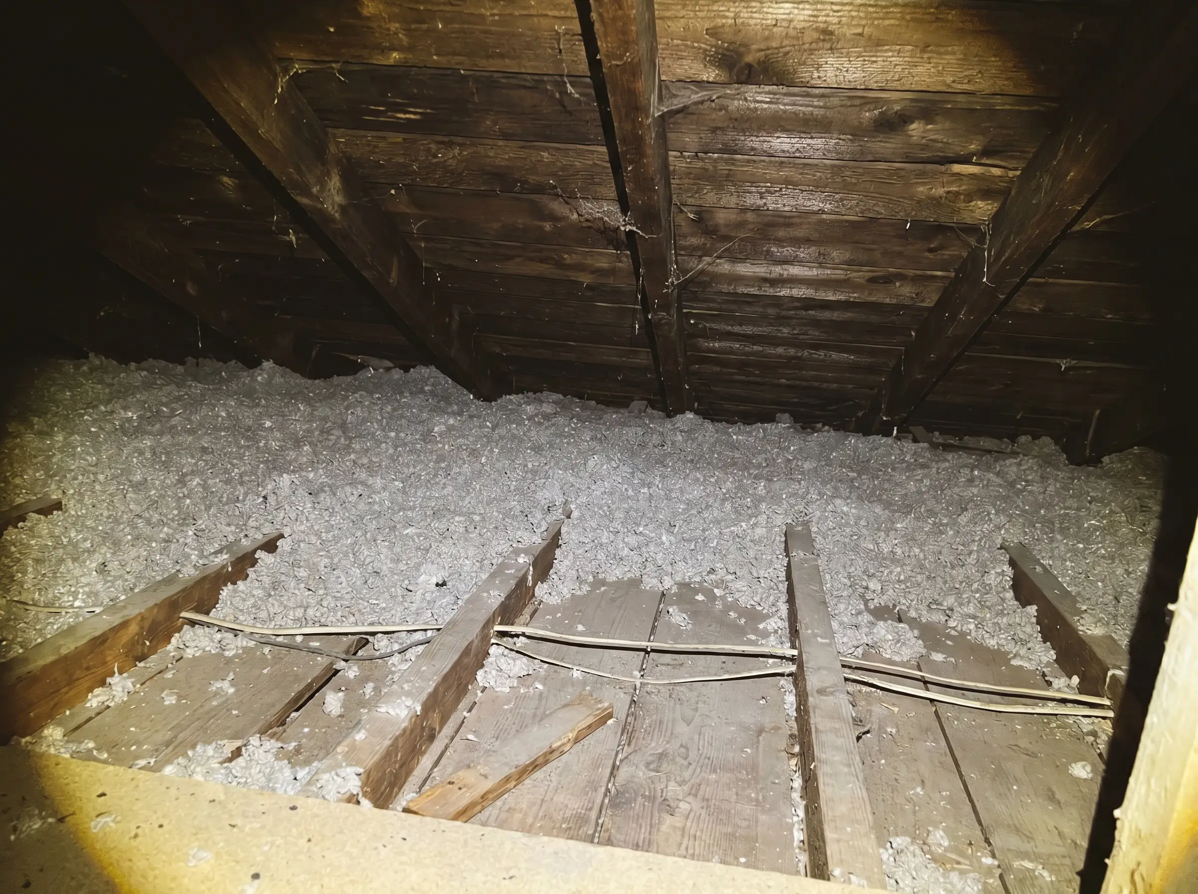 Raw inspection photo: thin settled insulation in an older attic