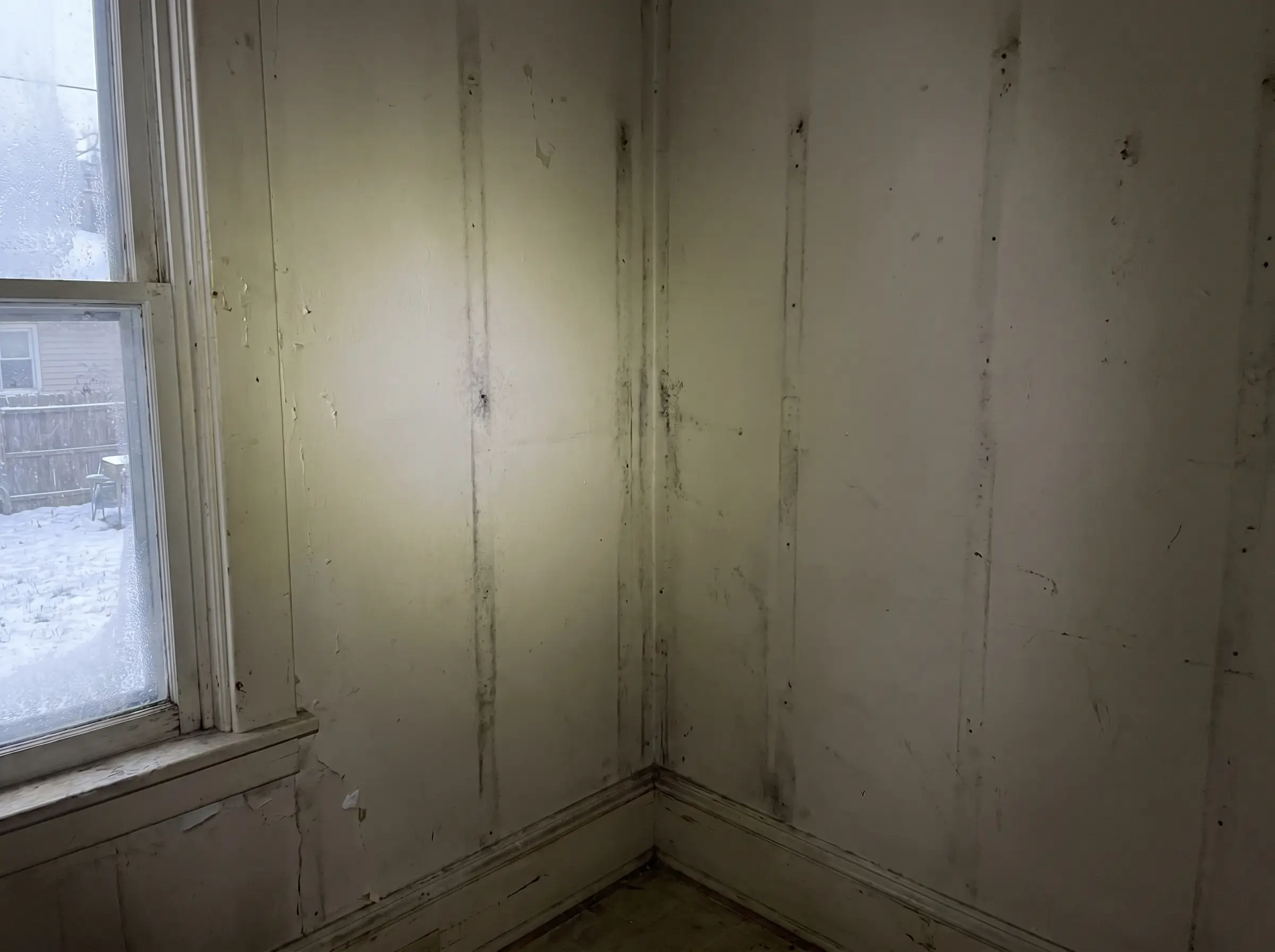 Raw photo: ghosting stains tracing studs on a wall